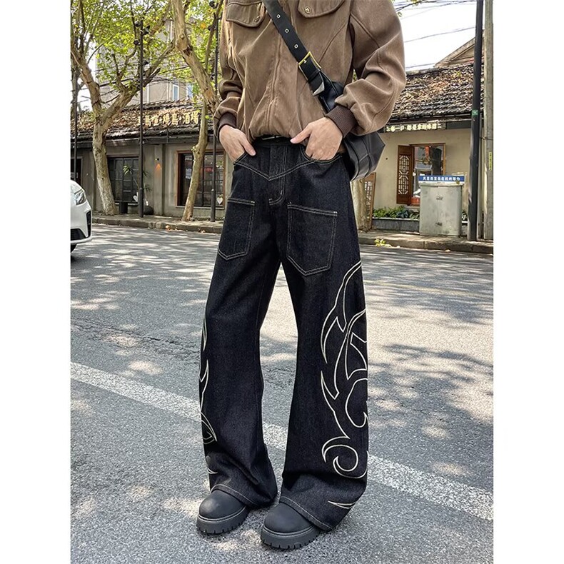 港风复古明线印花牛仔裤街头风宽松阔腿工装裤1001-1-AF717-P75,男装牛仔裤,星座1001-1