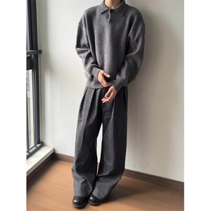 1506A/GB0470/P63美式老钱风垂感休闲西裤男女宽松花灰纹理高级感图片