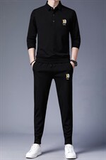 男士休闲套装秋季2023新款潮流纯色翻领长袖T恤中青年男装两件套，男装休闲套装，电商B212（原钱塘6029）