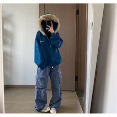 秋冬蓝色连帽卫衣大毛领加绒设计宽松休闲保暖拉链外套上衣ins风，男装棉衣，星座813-2