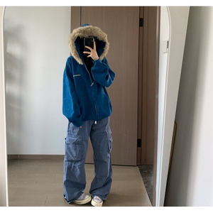 秋冬蓝色连帽卫衣大毛领加绒设计宽松休闲保暖拉链外套上衣ins风图片