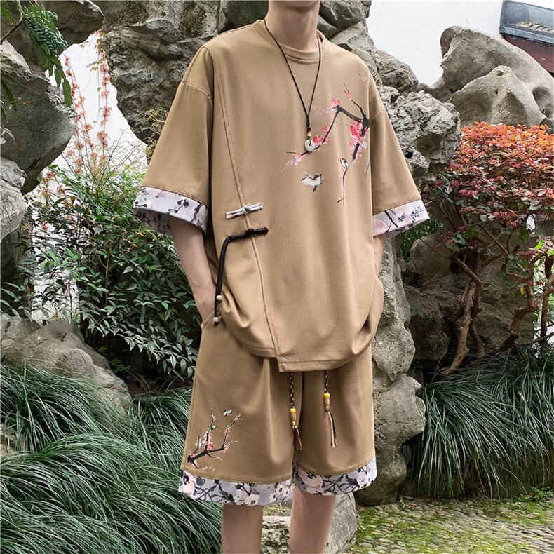 新中式风两件套夏季新中式禅意短袖t恤男套装A436-D220-P52，男装休闲套装，电商A436