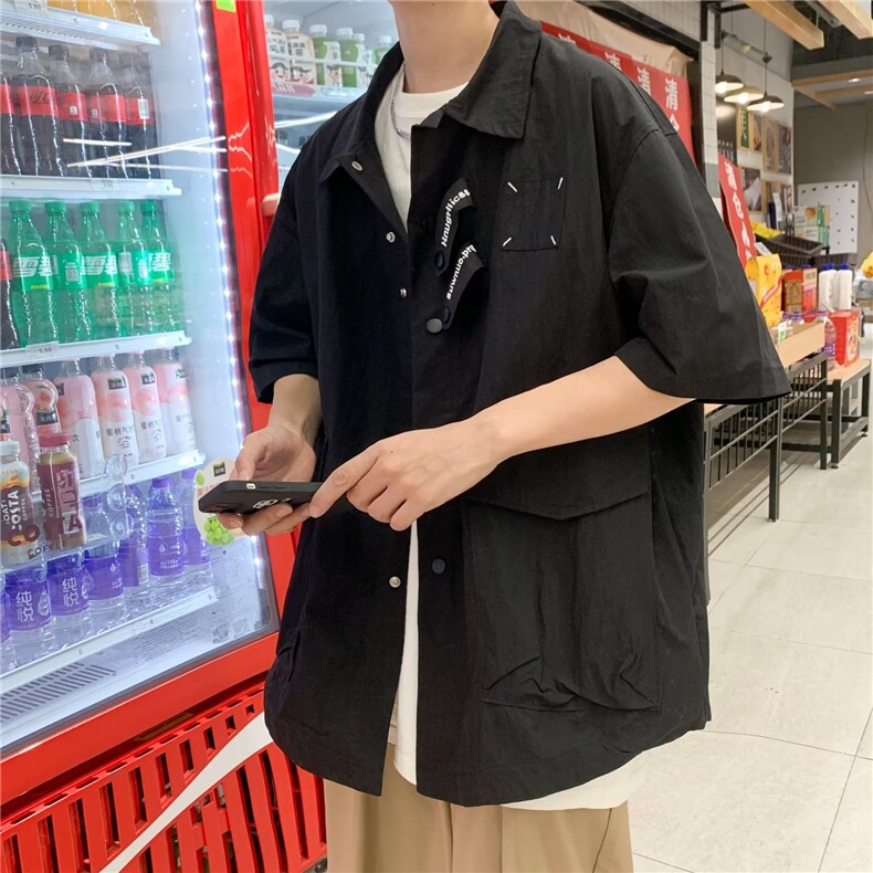 日系复古多口袋工装短袖衬衫男潮牌宽松情侣休闲衬衣W22311-p45,男装衬衫,星座1008