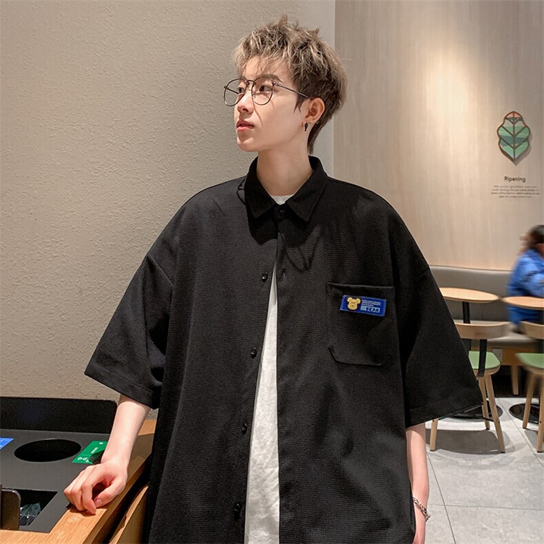 2026夏潮牌男华夫格高克重格子短袖五分袖衬衫 CS880/特P25 黑色3图片