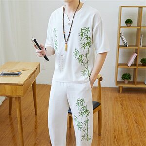 夏季棉麻套装男亚麻短袖t恤韩版潮流休闲v风一套衣服TZ96图片