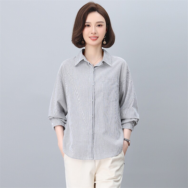 纯棉条纹衬衫女长袖2025年春季新款衬衣减龄洋气小衫中年妈妈上衣,女装衬衫,忆绮罗