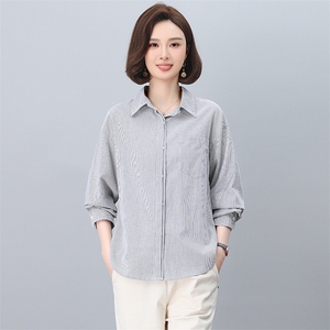 纯棉条纹衬衫女长袖2025年春季新款衬衣减龄洋气小衫中年妈妈上衣图片