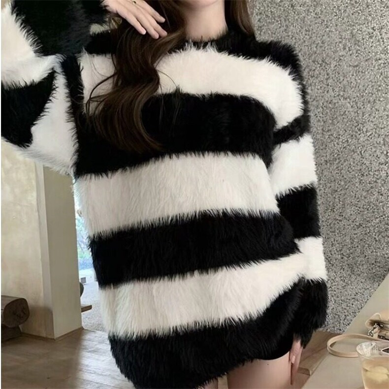 新款中长款毛茸茸套头毛衣外套2024秋冬女慵懒条纹针织上衣图片