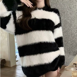 新款中长款毛茸茸套头毛衣外套2024秋冬女慵懒条纹针织上衣图片