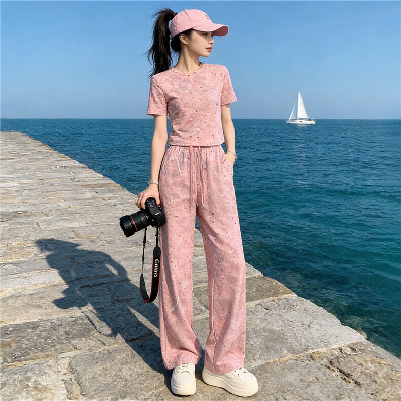 女夏季欧货潮流时尚运动休闲套装粉色扎染短袖上衣阔腿长裤两件套,女装套装/套裙,江南