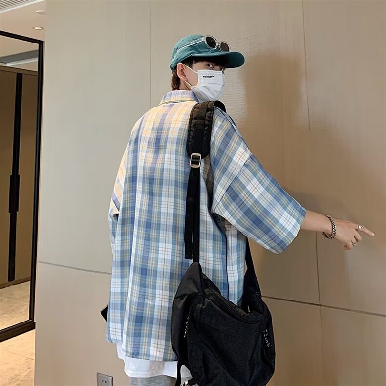 格子短袖衬衫男士夏季薄款宽松休闲轻熟潮牌M330-P30，男装衬衫，星座1109-3