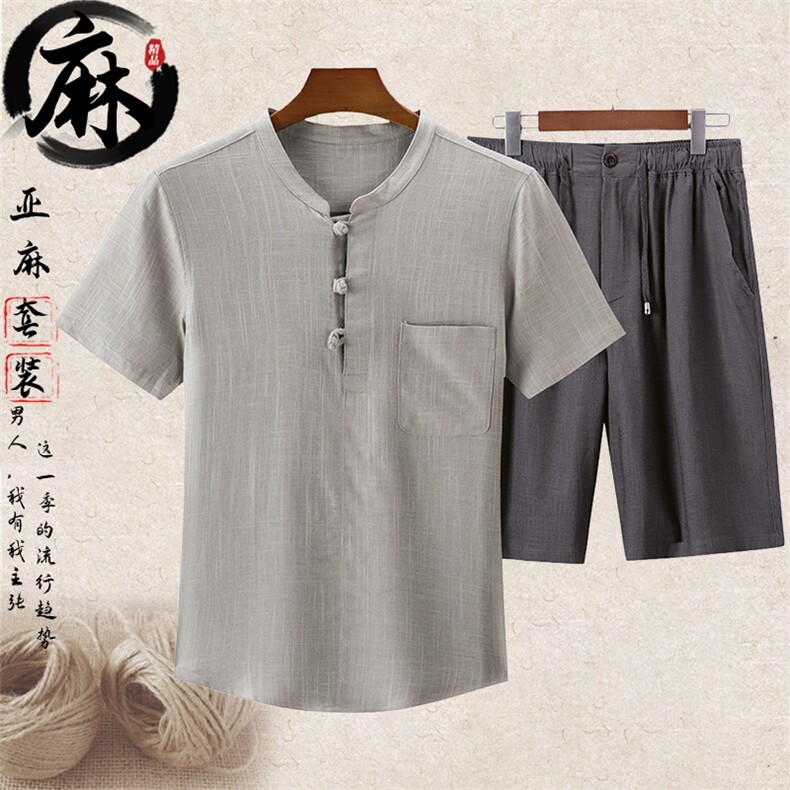 新款夏男款中老年风亚麻短袖T恤短裤套装棉麻T恤短裤套装，男装牛仔裤，钱塘723