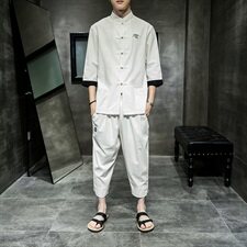 夏季新款中国风棉麻七分袖衬衫男士七分休闲裤大码套装TZ073/P100，男装套装，电商A008