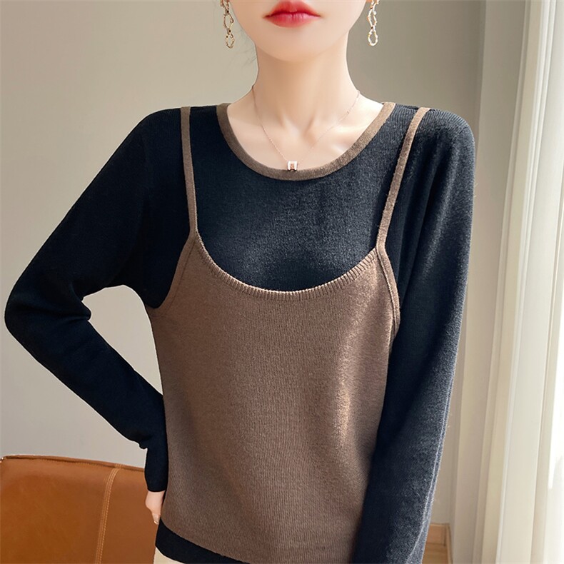 24秋冬新款圆领假两件打底T恤针织衫女韩系慵懒撞色气质长袖上衣，女装针织衫/毛衣，圣丽羊绒
