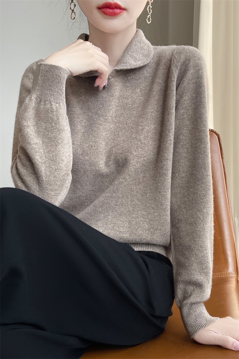 羊毛衫女秋冬翻领宽松套头毛衣娃娃领简约纯色针织打底衫,女装羊毛衫,盛鼎羊绒