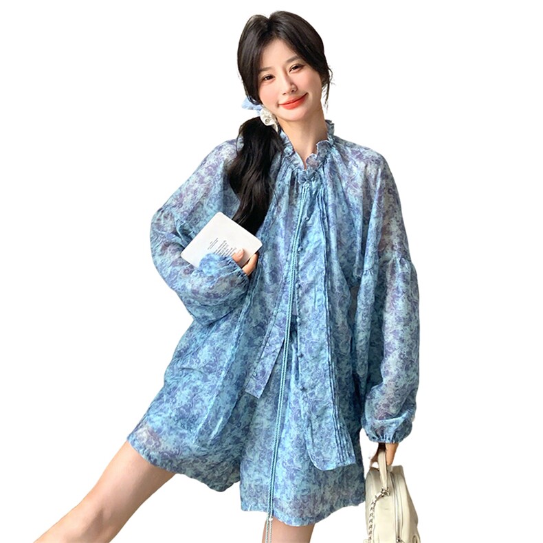 洋气减龄蓝色碎花套装女2025夏新款韩系小个子防晒衬衫短裤两件套,女装套装/套裙,2C169