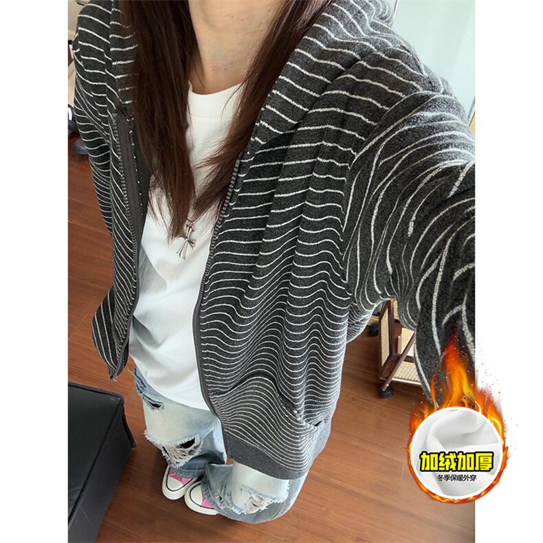 480G重磅加绒硬挺boxy男女秋冬美式高街条纹毛呢卫衣开衫厚外套,女装短外套,电商A486-1