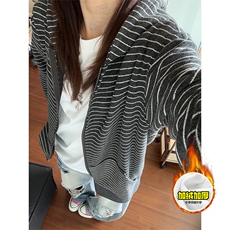 480G重磅加绒硬挺boxy男女秋冬美式高街条纹毛呢卫衣开衫厚外套，女装短外套，电商A486-1