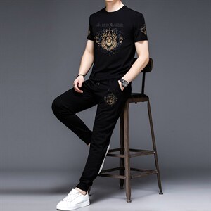 YS-X333夏季男式短袖长裤短裤三件套运动休闲套头修身T恤套装P132图片
