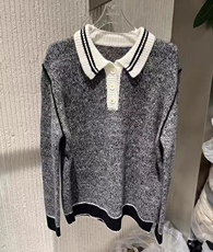 2025年秋季套头单件长袖落肩袖素律同款花纱撞色翻领衫，女装针织衫/毛衣，若菲羊绒