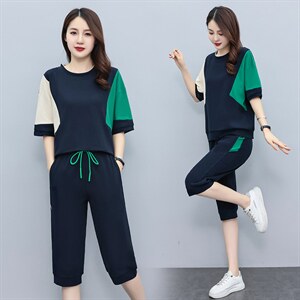 休闲运动女装季新款2025韩版时尚短袖五分裤拼接洋气潮图片