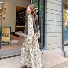 茶歇法式连衣裙马甲套装女2025春秋季新款高级感显瘦长裙子两件套，女装套装/套裙，2C271