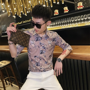 312A-191-P55 新款社会小伙中袖衬衫韩版潮流男士五分袖衬衣B图片