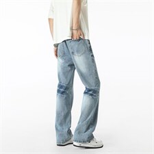 小众裂纹设计水洗浅蓝色牛仔裤男款美式潮流XZ201-S801P45，男装牛仔裤，星座201