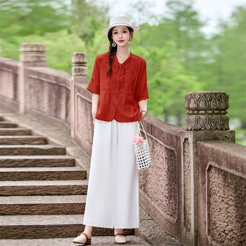 时尚洋气刺绣棉麻套装女2026夏季新款宽松遮肉显瘦阔腿裤两件套,女装套装/套裙,魅影
