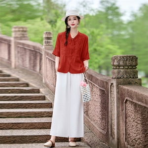 时尚洋气刺绣棉麻套装女2026夏季新款宽松遮肉显瘦阔腿裤两件套图片
