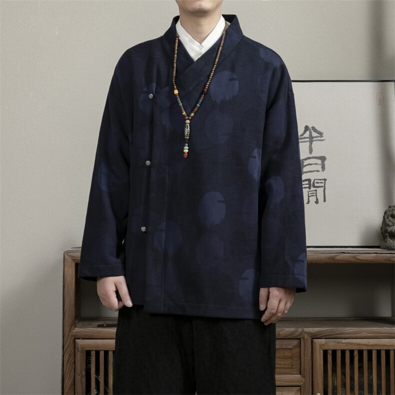 新款风男装加绒加厚棉麻提花改良斜襟汉服男士道袍X15P90,男装民族服装,钱塘802