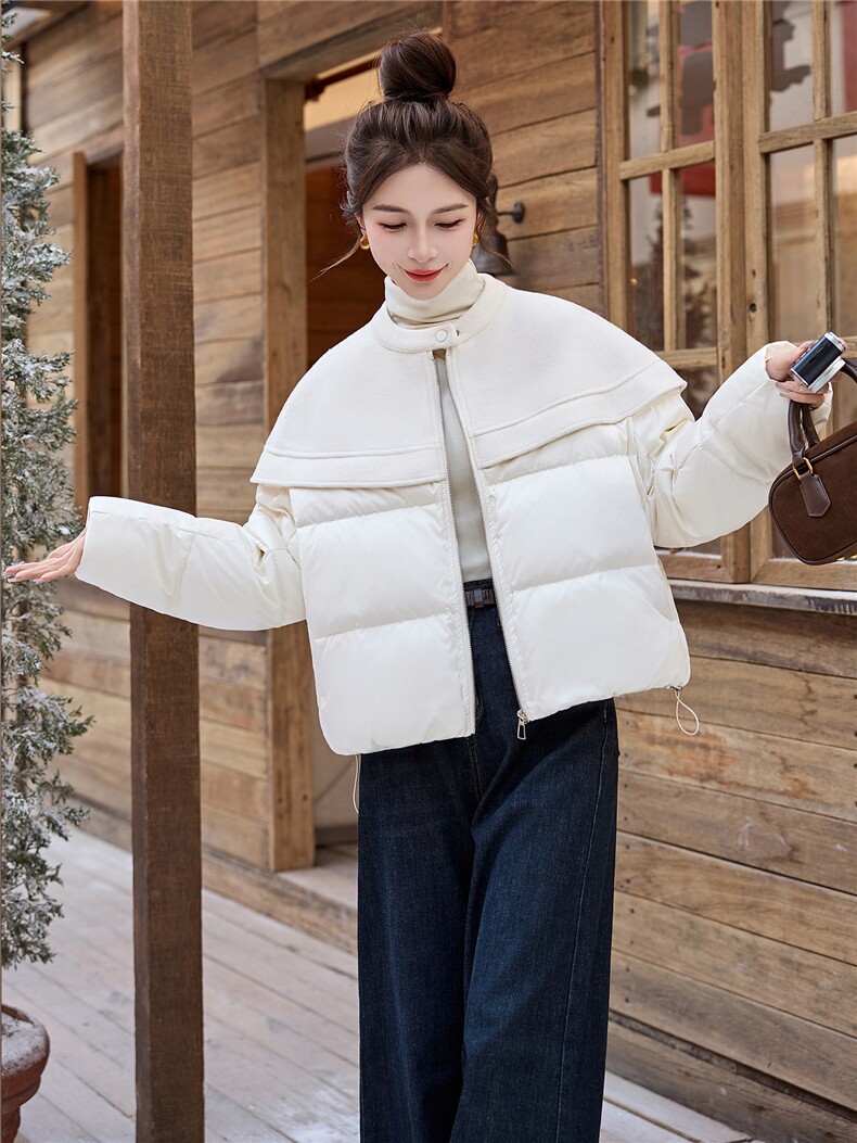 设计感气质毛呢拼接羽绒服女2025冬季新款短款外套减龄,女装羽绒服,玖莱伊