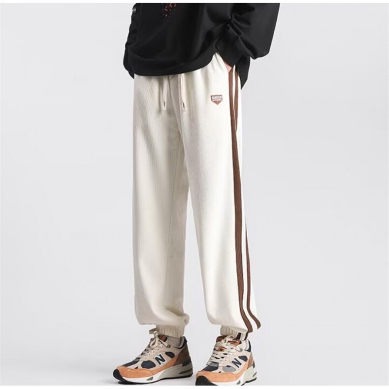 潮牌复古侧边条纹拼接灯芯绒休闲裤男女宽松垂感运动裤9分裤WK455，女装休闲裤，星座601-2