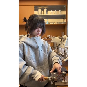 有货 美式重磅廓形外套女秋冬新款高级感拼接连帽卫衣LW311-P55图片
