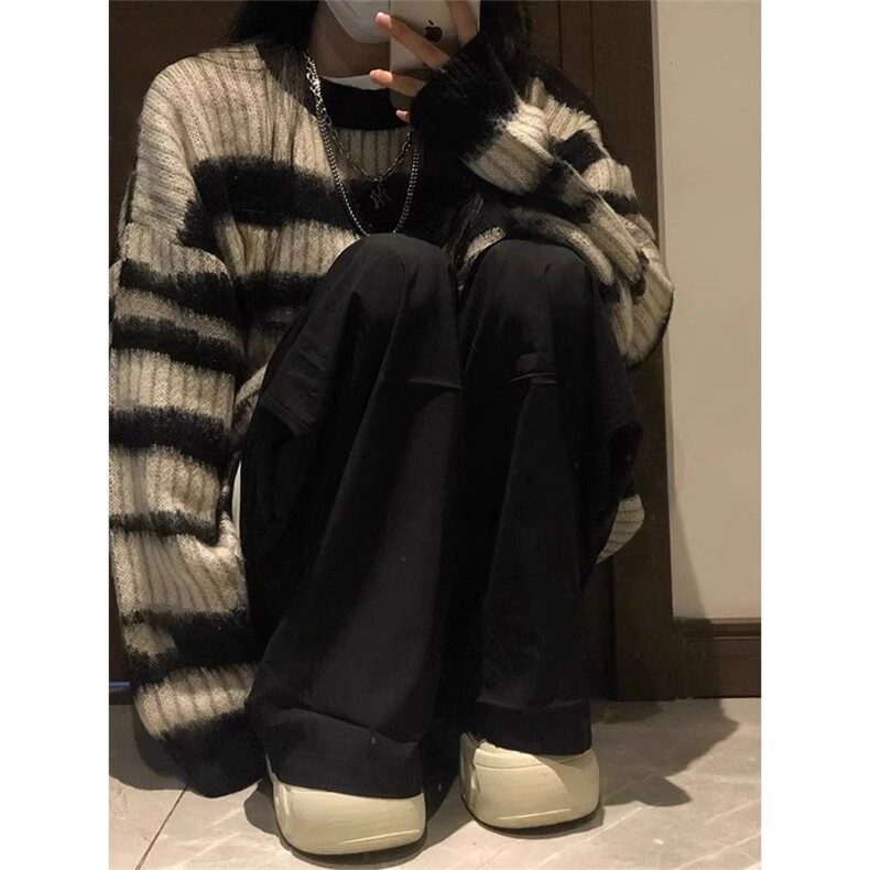 MM108-P68美式慵懒风条纹毛衣女秋冬季小众宽松oversize圆领针织,男装针织衫/毛衣,星座617A-2