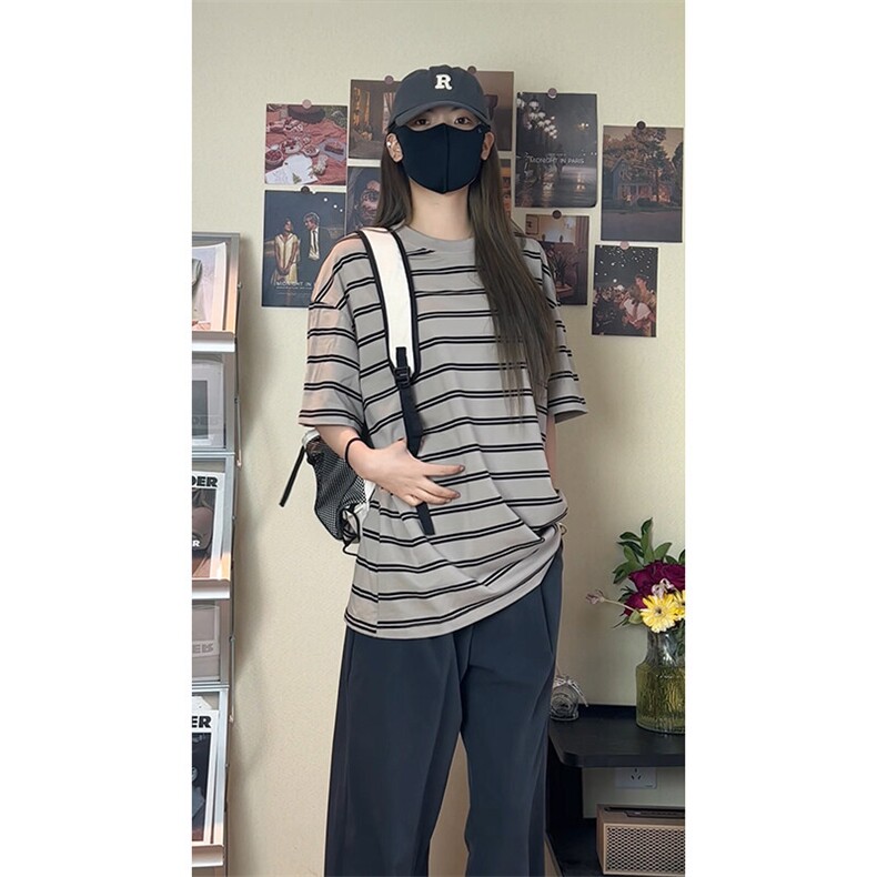 黑白条纹冰丝短袖t恤男款夏季薄款美式复古宽松落肩圆领半袖上衣,男装T恤,电商A007