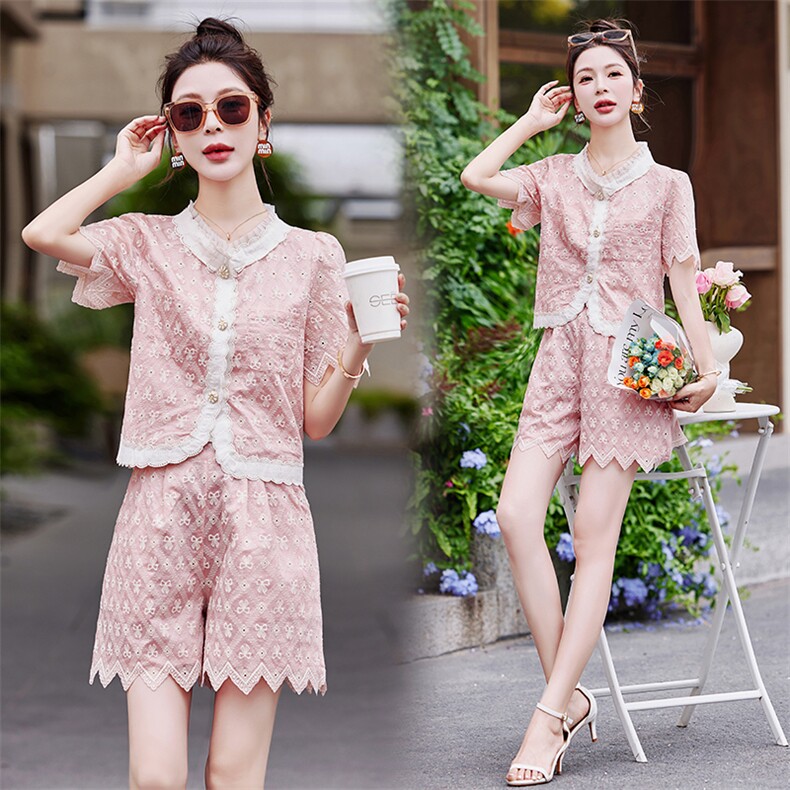 法式时尚套装蕾丝连衣裙女夏2025新款小香风上衣半身裙粉色两件套，女装套装/套裙，依路服饰