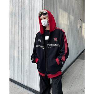 美式复古三条杠织撞色拉链连帽卫衣男秋牌情侣开衫上衣图片