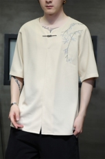 新中式金属扣风潮T恤短袖民族服竹子刺绣汉服时尚T2410-P55，男装T恤，电商A227