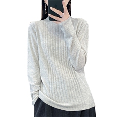 半高领100%纯羊毛衫女春秋新款抽条针织长袖毛衣宽松羊绒衫打底衫，女装羊绒衫，朝思羊绒