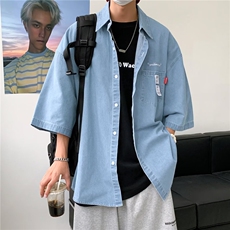 牛仔短袖衬衫男夏季港风复古痞帅五分袖外套ins韩版潮流宽松衬衣，男装T恤，星座601-2