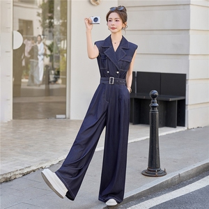 （新款现货）2026夏时尚无袖西装领天丝牛仔阔腿连体裤（配腰带）图片