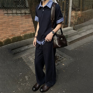 得物抖音高品质二开 夏季美式潮牌高街假两件格子衬衣翻领短袖T恤图片