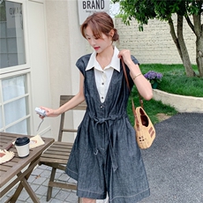 假两件拼接显瘦牛仔阔腿连体裤女夏2025新款小个子今年流行松弛感，女装套装/套裙，2C057