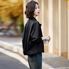 短款秋季拉链常规口袋拼接皮衣立领女装地雷系机能风春秋显瘦时尚，女装皮衣，魅丽静蓝