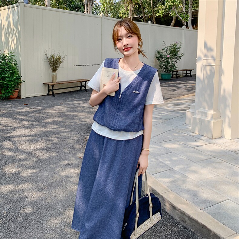 韩版轻熟风设计感套装女2025夏新款休闲显瘦牛仔马甲半身裙两件套,女装套装/套裙,秋水欣儿