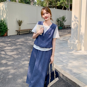 韩版轻熟风设计感套装女2025夏新款休闲显瘦牛仔马甲半身裙两件套图片