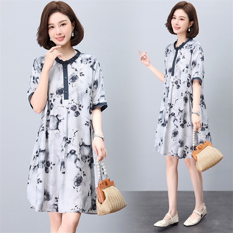 dpqb夏季冰丝印花连衣裙女短袖2025新款妈妈宽松显瘦遮肚休闲裙子，女装连衣裙，鑫鑫格