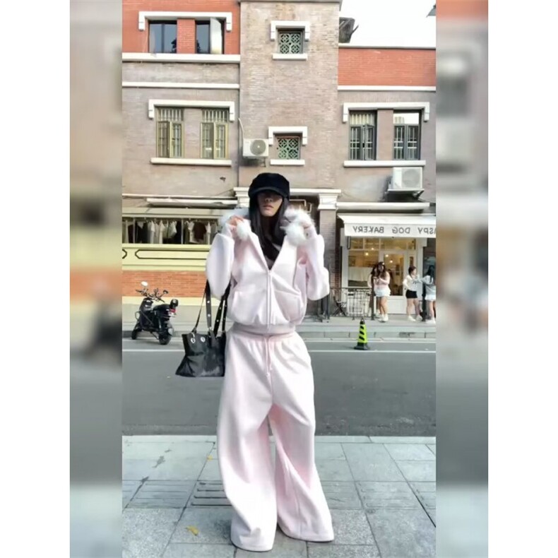 W11053-P58网图现货新款芭比粉高腰垂感宽松加绒拖地直筒裤,男装卫衣,星座1608