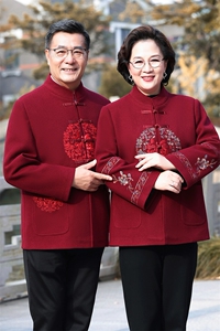 2024年秋冬新款中老年男女款立领长袖刺绣羊毛呢外套图片